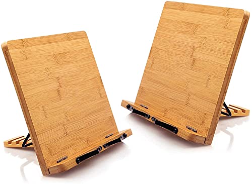 2 Pack Bamboo Book Stands Large Cookbook Holder Reading Stand (13.4 x 9.5 Inch) with 5 Adjustable Height, Foldable Wooden Book Holder for Textbook, Recipe, Music Book, Laptop, Tablet Stand