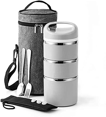 Lille Stackable Stainless Steel Thermal Compartment Lunch/Snack Box, 3-Tier Insulated Bento/Food Container with Lunch Bag, Fork & Spoon, Smart Diet, Weight Control, 43 OZ, Grey
