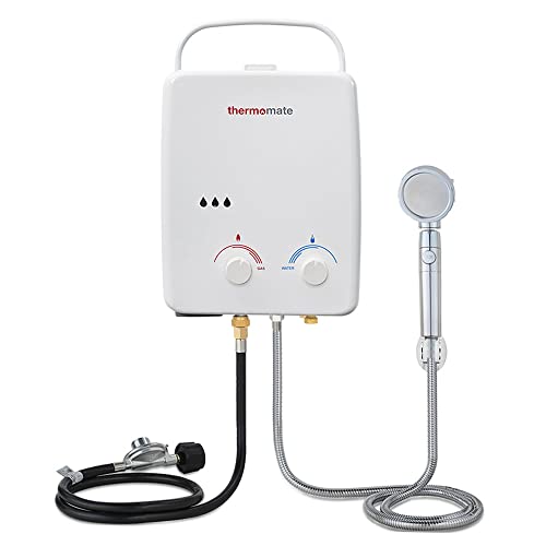 Tankless Water Heater, thermomate 5L Portable Propane Gas Hot Water Heater with Overheating Protection, 1.32 GPM, Low Pressure Startup for Camping, 34,000 BTU/Hr, Easy to Install, White