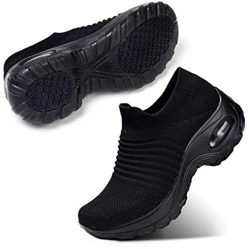 STQ Women’s Slip On Walking Shoes Lightweight Mesh Casual Running Jogging Sneakers with Air Cushion Sole 8.5 M US All Black