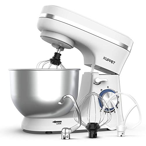 KUPPET Stand Mixer, 8-Speed Tilt-Head Electric Food Stand Mixer with Dough Hook, Wire Whip & Beater, Pouring Shield, 4.7QT Stainless Steel Bowl (White)