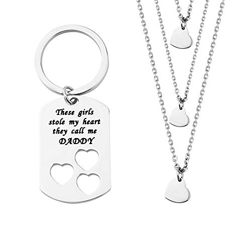 ENSIANTH Father Daughter Gift These Girls Stole My Heart They Call Me Daddy Keychain Set Heart Cut out Necklace for Daughter (3 Daughter)