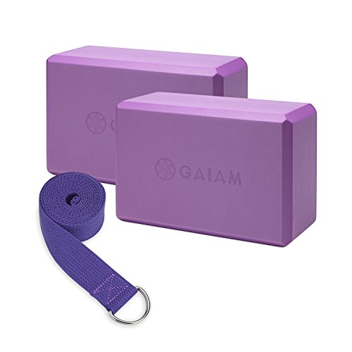 Gaiam Essentials Yoga Block 2 Pack & Yoga Strap Set, Deep Purple, 9' W x 6' H x 4' D