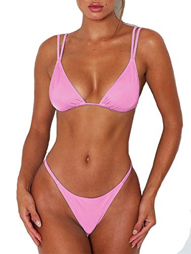 ForBeautyShe Women's Bandage Solid Brazilian Bikini High Leg Thong Swimsuit Two Piece Bathing Suit Push Up Swimwear Pink S