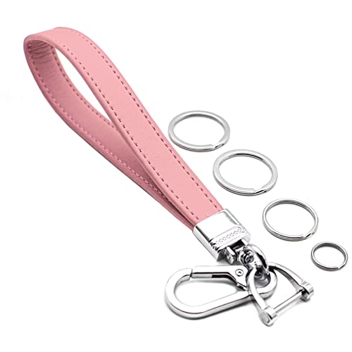 INFIPAR Car Fob Key Chain Genuine Leather Wristlet Strap Keychains Holder for Men and Women, 360 Degree Rotatable, with Anti-Lost D-Ring, Carabiner Clip and 4pcs Key Rings, Pink