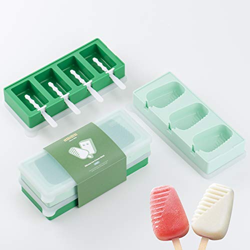 Popsicle Molds for Kids, JACOBAKE BPA Free Reusable Easy Release Silicone Ice Pop Molds with 10 Sticks for Homemade DIY Ice Cream, Set of 2, Square Oval Shapes, Green