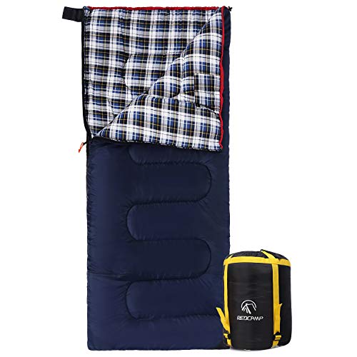 REDCAMP Outdoors Cotton Flannel Sleeping bag for Camping Hiking Climbing Backpacking, 3-season Trip Warm S Envelope Sleeping Bags 75 by 33 Inches (Navy Blue with 2lbs Filling)