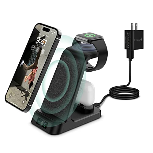 DDUAN Wireless Charging Station, 3 in 1 Fast Charger Stand, Wireless Charger for iPhone15/14/13/12/11/Pro/Max/X/XS/Max/XR/8 & Apple Watch 8/7/SE2/Airpods1 2/Pro1 2(QC3.0 Adapter)