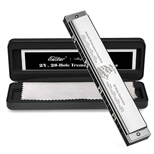 Eastar Admiral 24 Holes Harmonica, Key of C Tremolo Harmonica for Beginners Adults Kids, Performance Competition Mouth Organ with Hard Case and Cloth, Silver
