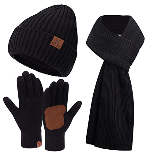 Men & Women Winter Knit Hat Beanie Long Scarf Touchscreen Gloves Set Skull Cap Neck Warmer Gloves Set with Fleece Lined