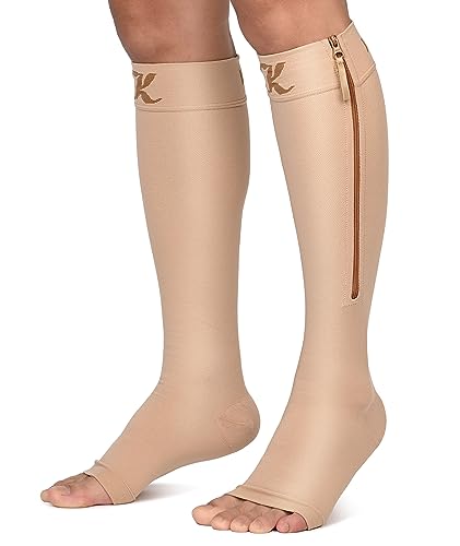 KEKING Zipper Compression Socks for Men Women, Open Toe, 20-30mmHg Firm Support Knee High Zipper Compression Stockings for Wide Calf - Varicose Veins, DVT, Shin Splints, Edema, Nursing, Beige XXL