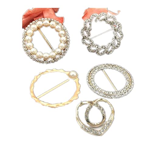 5PCS Women Girls Pearls Round Circle Scarf Ring Scarves Waist Buckle,T-Shirt Clip Fashion Metal Clip Buckle,Silk Clasp Clips Clothing Ring Wrap Holder,Fashion Decoratice Accessories for T-Shirt Shawl