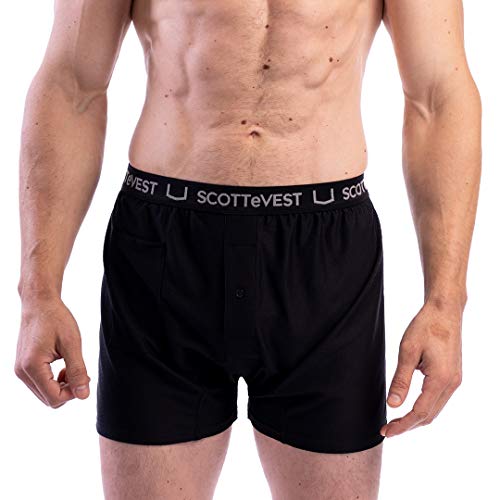 SCOTTeVEST Boxers for Men - 2 Hidden Pockets - Breathable Anti-Microbial Moisture Wicking Underwear for Travel & More (Black, X-Large)