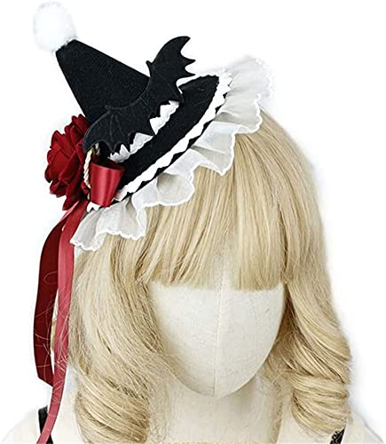 Lolita Pointed Witch Hat - Glamorous Black Witches Fancy Velvet Hat with Flowers Bat Red Halloween Accessory (White)