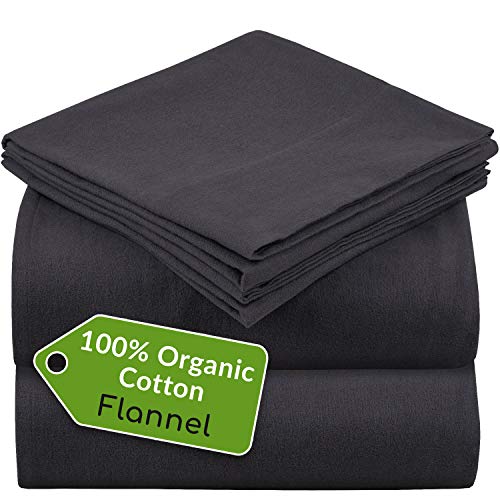 Mellanni Flannel Organic Cotton Sheets for Queen Size Bed - Brushed for Extra Softness & Comfort - Queen Size Bedding Set - Eco Packaging - Fitted Sheet, Flat Sheet & 2 Pillowcases (Queen, Gray)