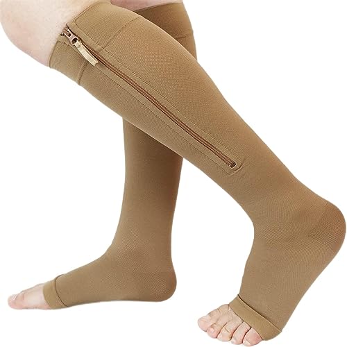Ailaka Zipper 20-30 mmHg Compression Socks for Women & Men, Knee High Open Toe