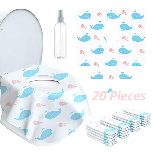 Toilet Seat Covers Disposable with Spray Bottle ,20 Pack,Waterproof，Large Portable Toilet Seat Covers for Kids Potty Training and Adults ,Individually Wrapped for Travel