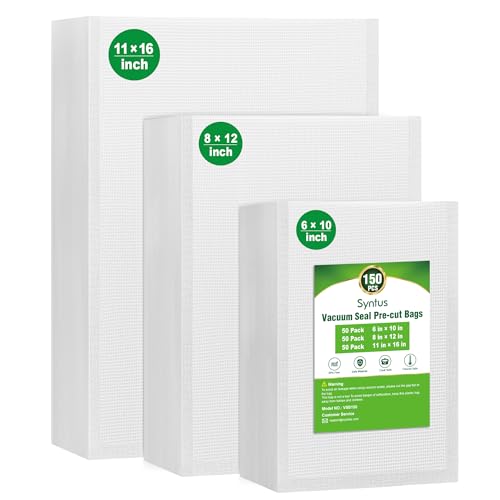 Syntus Vacuum Sealer Bags, 150 Gallon 11' x 16' and Quart 8' x 12' and Pint 6' x 10' Commercial Grade PreCut Bag, BPA Free Food Vac Bags for Storage, Meal Prep or Sous Vide