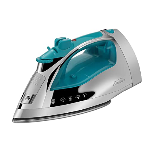 Sunbeam Steammaster 1400 Watt Steam Iron with 8' Retractable Cord, Large Anti-Drip Nonstick Stainless Steel Soleplate, Horizontal or Vertical Shot of Steam and 3-Way Auto Shut-Off, Chrome/Teal