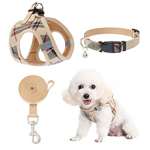 EXPAWLORER Classic Plaid Puppy Harness - Small Dog Collar and Leash - Soft Mesh Padded Adjustable Small Dog Vest Harness No Pull, Reflective Escape Proof for Outdoor Walking