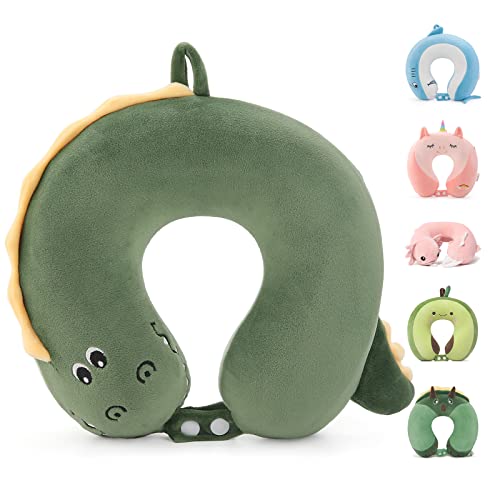 Niuniu Daddy Kids Neck Pillow for Traveling, 100% Memory Foam Travel Pillow, Airplane Travel, Road Trip Essentials for Children Neck Support, Stop Head from Falling Forward - Crocodile Travel Pillow