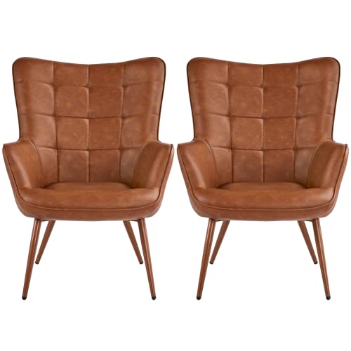 Yaheetech Accent Chair, PU Leather Vintage Armchairs, Mid Century High Back Sofa Chairs, Desk Chair with Arms Solid Wood Legs for Home Office/Living Room/Bedroom Brown, Set of 2