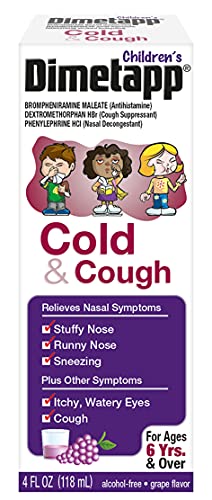 Children's Dimetapp Cold and Cough, Stuffy Nose, Runny Nose, Sneezing, Itchy & Watery Eyes, Cough, Antihistamine, Alcohol-Free, Liquid Syrup, Grape Flavor, 4 Fl Oz (Pack of 3)