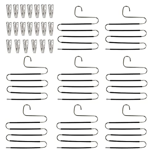 BUYGOO 8Pcs Pants Hangers Scarf Hanger S-Type Clothes Pants Hanger Jeans Trousers Hangers with 20 Clips, Stainless Steel Clothes Hangers Closet Space Saving for Pants Jeans Scarf Tie Organizer