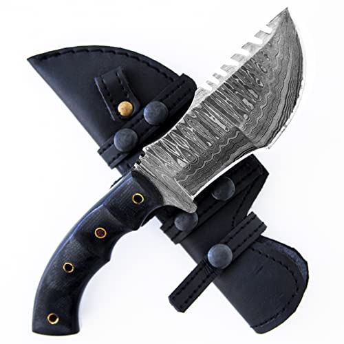 BIGCAT ROAR Handmade Damascus Tracker Knife - Full Tang Fixed Blade Hunting Knife with Sheath and Walnut Wood Handle - 10″ EDC Outdoor Knife - Black Jaguar