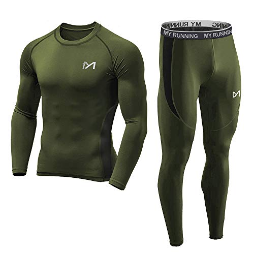 Men's Base Layer, Cool Dry Long Sleeve Compression Set, Sport Long Johns Gym Fitness Running Underwear Shirt and Pant Green