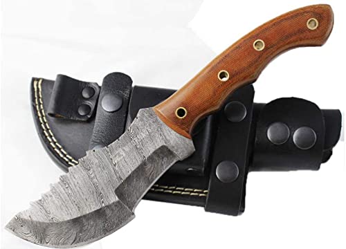 Moorhaus Handmade Random Damascus G10 Brown Micarta Tracker Knife With Leather Sheath
