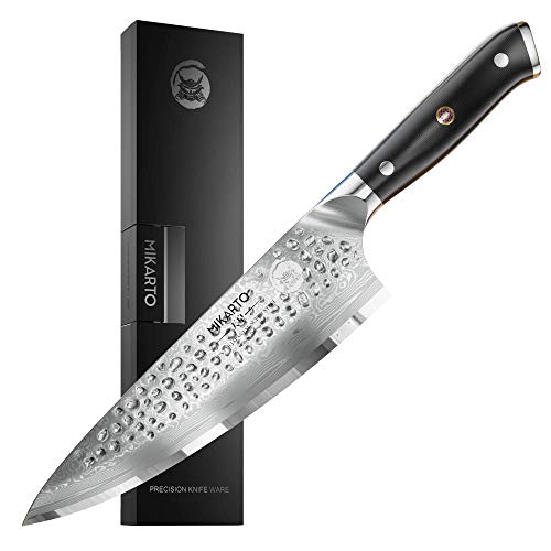MIKARTO Chef Knife, 8 Inch Gyuto, Professional Grade - Japanese AUS-10 Super Steel Kitchen Knife with Hammer Finish - Ultra Sharp, High Carbon Kitchen Knives - Quality, All Purpose, Precision cutting.