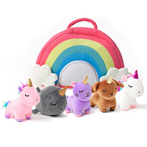 PixieCrush Unicorn Toys Stuffed Animal Gift Plush Set with Rainbow Case – 5 Piece Stuffed Animals with 2 Unicorns, Kitty, Puppy, and Narwhal – Toddler Gifts for Girls Aged 3, 4, 5 ,6 ,7, 8 yr olds