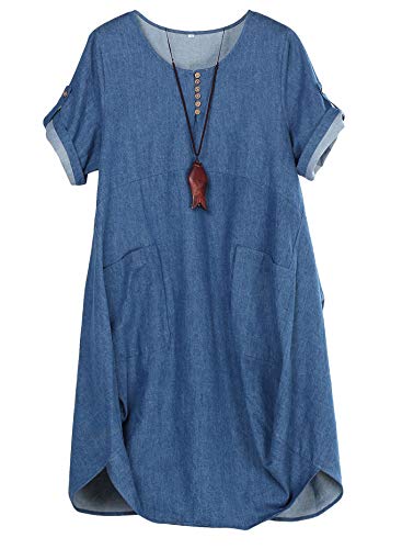 FTCayanz Women's Casual Tunic Dress Short Sleeve Plus Size Midi Dresses with Pockets Denim Blue XX-Large