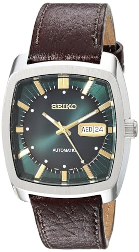 SEIKO SNKP27 Automatic Watch for Men - Recraft Series - Brown Leather Strap, Day/Date Calendar, 50m Water Resistant, Green Dial, and 41 Hour Power Reserve