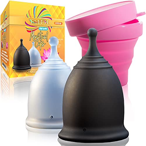 Talisi Menstrual Cups with Foldable Silicone Sterilizer - Soft Reusable Period Starter Kit - Feminine Menstruation Set - Alternative to Tampon Pad Disc - Light & Heavy Flow (Small & Large)