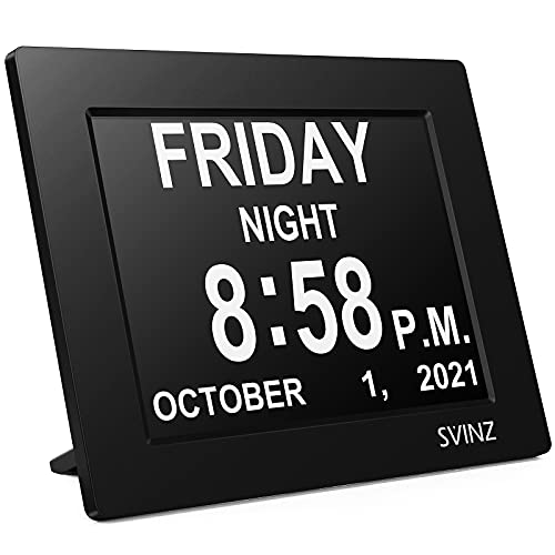 SVINZ Dementia Clock, 8-inch Ultra Large Display for Seniors, Digital Day Clock with 5 Alarms, Auto-Dimming Clock for Bedroom with Day and Date for Elderly Vision Impaired, Memory Loss (Black)