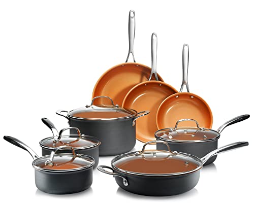 Gotham Steel Pro 13 Piece Pots and Pans Set Nonstick Cookware Set, Complete Hard Anodized Ceramic Cookware Set for Kitchen with Stay Cool Handles, Dishwasher / Oven Safe, Healthy and Non Toxic,Brown