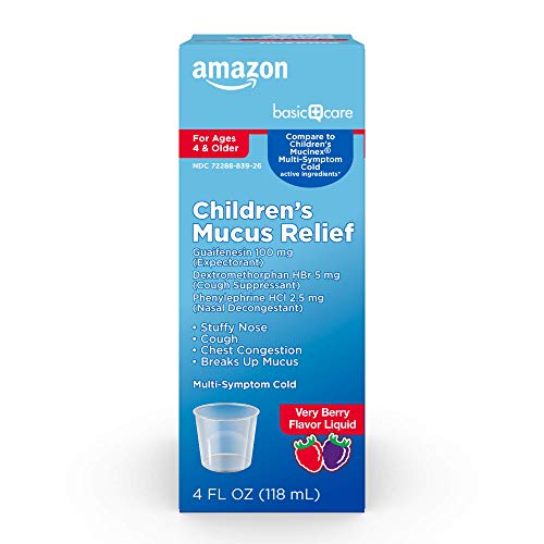 Amazon Basic Care Children's Mucus Relief Multi-Symptom Cold Medicine, Mixed Berry Flavor, Non-Drowsy for Daytime, for Ages 4 to 12 years, 4 Fluid Ounces