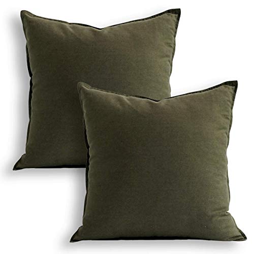 Jeanerlor 18'x18' Solid Cotton Linen Decoration Green Throw Pillow Case with Zipper Cushion Case Pillow Cover Decorative Pillowcase for Chair/Bed/Couch, (45 x 45cm),2 Packs, Olive Green