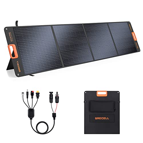 GRECELL 200W Portable Solar Panel for Power Station, Foldable Solar Charger w/ 4 Kickstands, IP65 Waterproof Solar Panel Kit w/MC-4 DC XT60 Anderson Aviation Output for Outdoor RV Camper Blackout