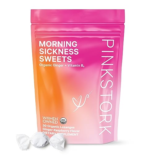 Pink Stork Morning Sickness Sweets, Organic Raspberry Ginger Candy with Vitamin B6 for Support and Occasional Motion Sickness, Pregnancy Must Haves - 30 Wrapped Drops