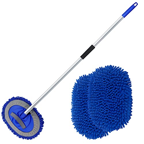 anngrowy 62' Microfiber Car Wash Brush with Long Handle Car Washing Mop Kit Mitt Sponge Car Cleaning Supplies Kit Duster RV Washing Car Brush Accessories, 1 Chenille Scratch-Free Replacement Head