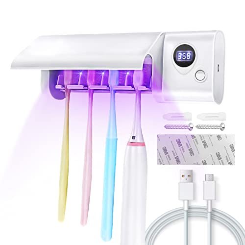 Toothbrush Sanitizer, Toothbrush Sanitizer and Holder-4 Toothbrush Slots, UV Toothbrush Sterilizer for Bathroom, Wireless Wall Mount Toothbrush Holder Fits Electric, Ordinary Toothbrushes