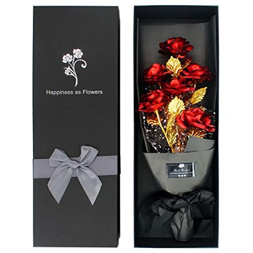 24k Gold Roses, Gold Plated Rose 24k Gold Dipped Rose with Luxury Gift Box for Her, Artificial Forever Rose Bouquet Unique Gift for Valentine's Day Anniversary Wedding Mother's Day Birthday (Red)