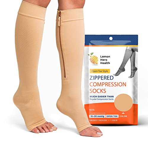 Open Toe Compression Socks Women - Toeless 15-20 mmHg Medical Compression Socks for Men, Sturdy Zippered Stocking to Improves Blood Circulation, Relieves Pain & Swelling - XL, Beige [1 Pair]