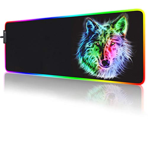 RGB Mouse Pad,Gaming Mouse Pad RGB,Cool Animal LED Mousepad-14 Light Modes Soft Non-Slip Base Large LED Mouse Mat for Laptop Computer PC Games 31.5 X 12 inches (RGB Wolf Mouse Pad)