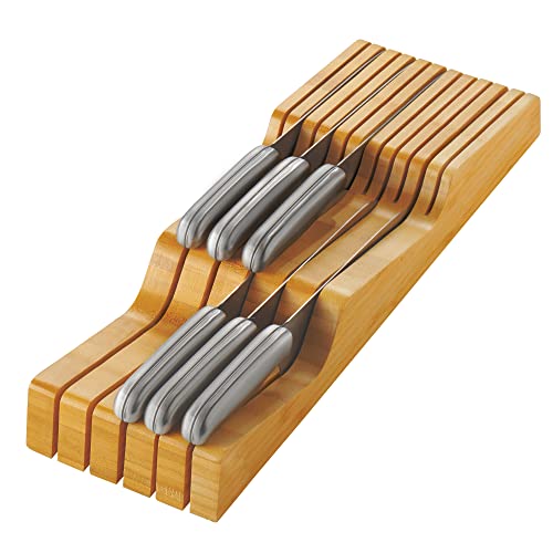 In-Drawer Knife Block Organizer - Bamboo Wood Drawer Knife Organizer - Holds 5 Long + 6 Short Knives (Not Included) - Store Knives with Blades Pointing Down