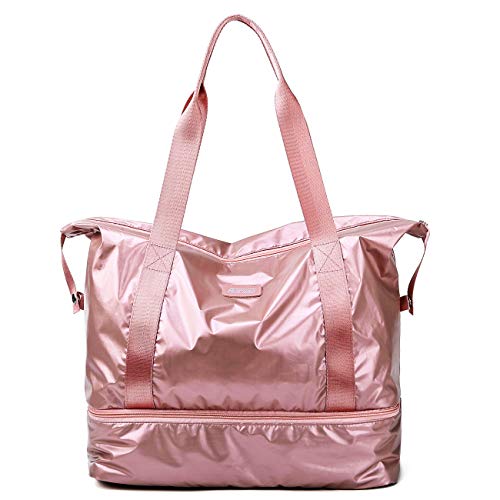 fancyfree Double Layers Bag, Large Travel Tote Bag with Bottom Shoes Compartment, Ideal Gym Duffle Bag for Women and Men (Rose Gold)