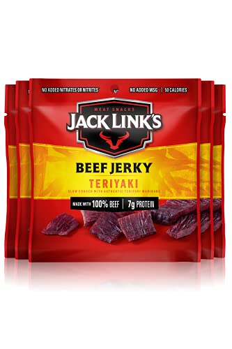 Jack Link's Beef Jerky, Teriyaki - Flavorful Meat Snack for Lunches, Ready to Eat Snacks - 7g of Protein, Made with Premium Beef - 0.625 Oz Bags (Pack of 5)